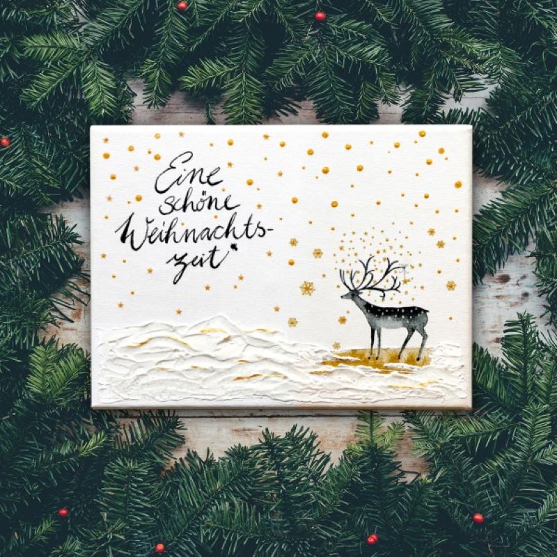 Serviettentechnik Weihnachtsbild mit Hirsch-Motiv und Tannengrün