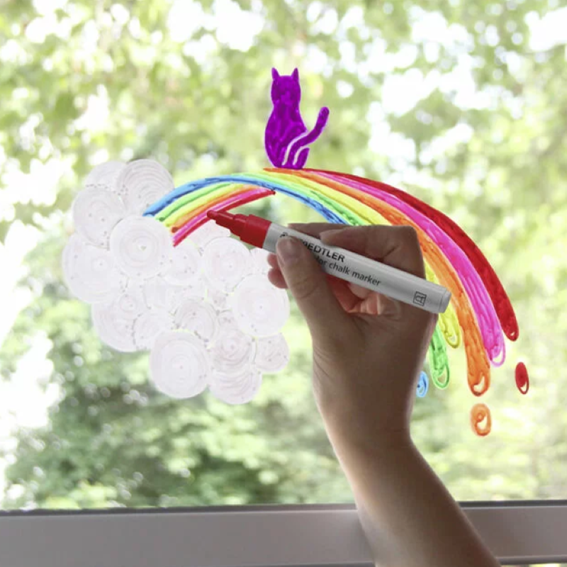 Regenbogen, Wolke und Katze als leuchtend buntes Fenster-Bild